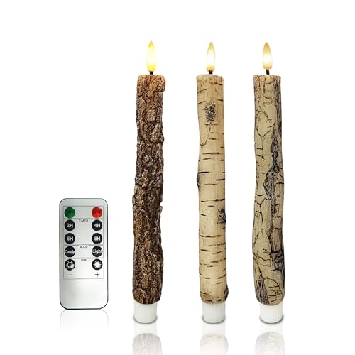 Image of LED 9.84 inch Flameless Taper Candles with Birch Bark Effect Battery Operated Real Wax Flickering Candlesticks with Remote Control and Timer Rustic Primitive Lights Decor Vintage Candles, Pack of 3