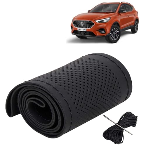 Image of KINGSWAY PU Leatherite Car Steering Cover Sewable Compatible with Morris Garages (MG) Astor (Year 2021 Onwards), Black Color with Black Thread, Pack of 1 with Sewing Needle and Thread