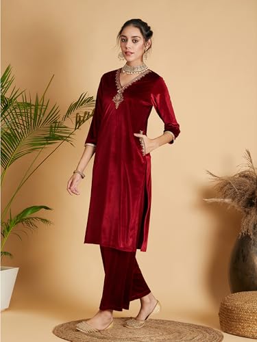 Image of Women's Velvet Floral Embroidered Straight Kurta | Round Neck Three-Quarter Sleeve Calf Length Kurti with Thread Work