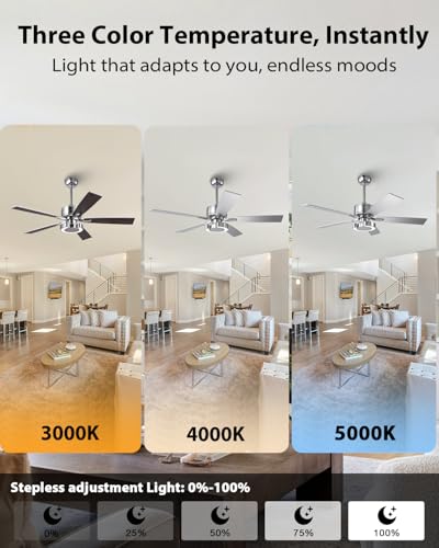 Image of 52 Inch Silver Ceiling Fans with Lights, Creative Modern Ceiling Fan and Remote for Bedroom Living Room with 3CCT, 6 Speeds, Quiet, Dual-Sided Reversible 5 Blades Indoor Outdoor Chandelier Fan