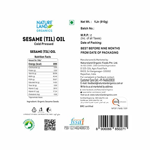 Image of Natureland Organics Sesame Oil 1 Ltr - Cold Pressed (Pack of 2)