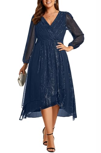 Image of Talisea Plus Size Cocktail Dress - Formal Wedding Guest Fall Long Sleeve A Line Pleated V Neck Midi Dresses for Curvy Women