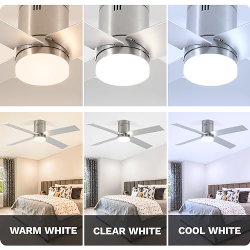 DWVO 52 Inch Flush Mount Ceiling Fan with Lights, Brushed Nickel Reversible 4 Blade Ceiling Fan with Dimmable 3 Color Temperature, 6 Speed DC Motor, Memory Function for Bedroom, Living Room