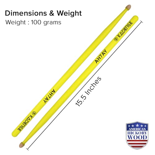 Image of Kadence AH7AY Touring Series Neon 7A Drumsticks | Premium American Hickory Wood | Acorn Tip with Smooth Matte Finish | Includes Protective Plastic Case | Yellow
