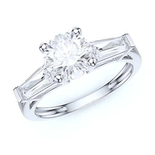 10K White Gold Tapered Baguette Side Stones 1CT Simulated Round Cut Diamond or Genuine Moissanite Engagement Ring