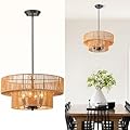 DSLITING Rattan Pendant Light Boho Wicker Chandelier Kitchen Island Lighting 2-Tier Drum Basket Hanging Light Woven Shade Dinning Room Light Fixture Living Room Bedroom Entrance Farmhouse Chandeliers