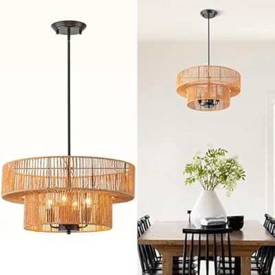 DSLITING Rattan Pendant Light Boho Wicker Chandelier Kitchen Island Lighting 2-Tier Drum Basket Hanging Light Woven Shade Dinning Room Light Fixture Living Room Bedroom Entrance Farmhouse Chandeliers