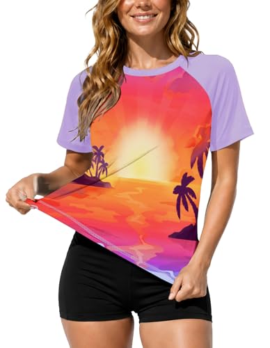 Image of AOBUTE Women Short Sleeve Rash Guard UPF 50+ Tropical Sun Protection Floral Swim Shirts