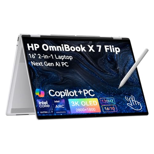 Image of HP OmniBook 7 X Flip 16 inch 3K OLED 2-in-1 Touchscreen Business Laptop Convertible, Intel Core Ultra 7 Copilot+ PC, 32GB DDR5 Custom 1TB /2TB SSD, Windows 11 Pro, Backlit Thunderbolt 4 USB-C(DisplayPort)