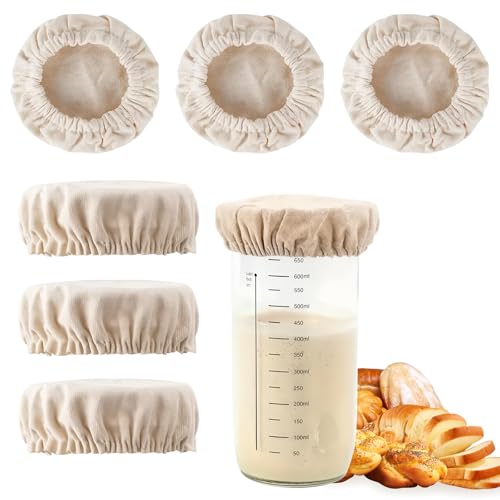 6 Pack Sourdough Starter Jar Covers Cloth - Reusable Linen Covers Cloth for Elastic Sourdough Starter Container Unbleached Fabric Bread Fermentation Cover for Most 3-4 Inch Glass Mason-Jars