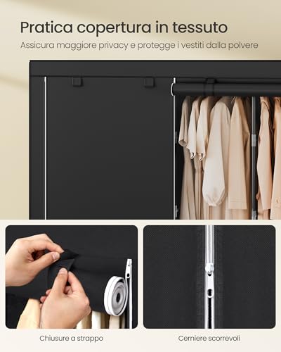 SONGMICS Guardaroba, Armadio Portatile, 5 Barre Appendiabiti, Ripiani, 4 Tasche Laterali, 45 x 211 x 167 cm, Grande Capienza per Camera da Letto, Soggiorno, Nero Inchiostro RYG095B01 - Immagine 4