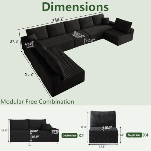 Image of Oversized Modular Sectional Sofa Couch, Large 8 Seater Corner Sofa Modern U Shaped Sectional Couch Cloud Couches for Living Room, Office, Spacious Space, Corduroy, No Assembly Required, Black