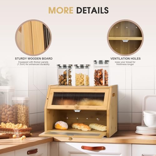 Large Bread Box for Kitchen Countertop, Wooden Bread Bin with Double Layer Storage and 0.6-inch Thick Natural Wood Panels, Rustic Bread Box Organizer for Kitchen (Natural Wood)
