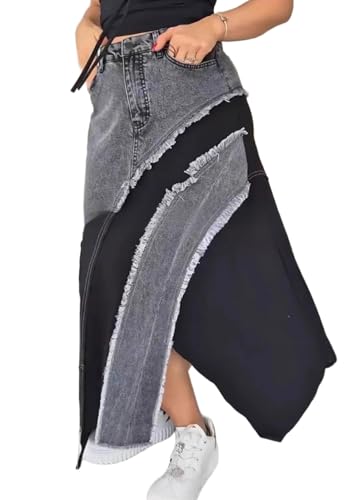 CHARTOU Women High Waist Patchwork Frayed Denim Skirt Asymmetrical Slit Distressed Long Jean Skirts