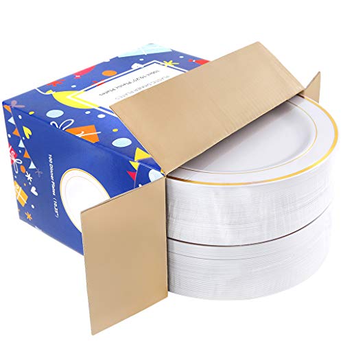 Bucla 100Pieces Gold Plastic Plates-10.25Inch Gold Rim Disposable Dinner Plates-Ideal For Weddings& Parties #TOP4