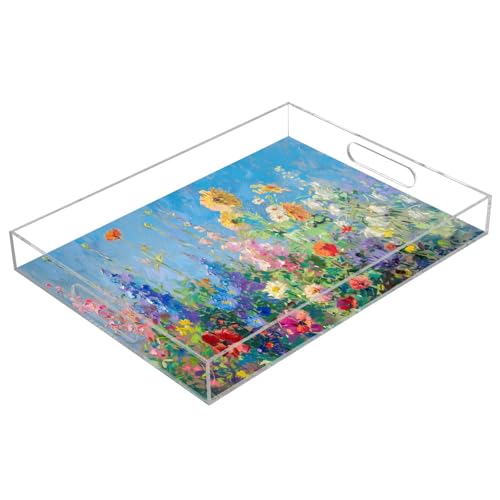 BOESI Oil Painting Colourful Flower Pattern Acrylic Decorative Dining Tray, Acrylic Decorative Tray Organizer with Handle for Kitchen, Dining Room, Bathroom, Dresser