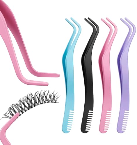 4 Stück Wimpernzange für Lashes Wimpern Pinzette mit Wimpernkamm Edelstahl Anti-Rutsch-Griff Präzisionswerkzeug für Einzelwimpern Clusters & Augenlid-Tapes