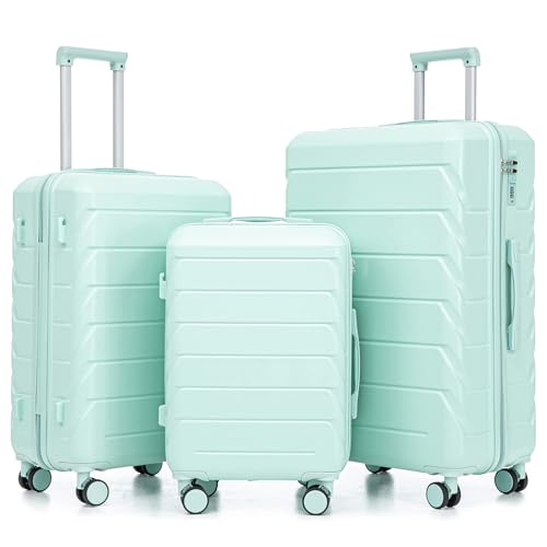 3 Piece Luggage Sets for Women, Hard Shell Suitcases with Spinner Wheels, Travel Luggage with TSA Lock & Hooks, Lightweight, 20”/24”/28” (Mint Green)