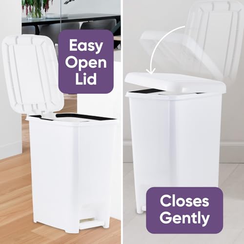 Image of Superio Slim Trash Can with Foot Pedal - 16 Gallon Step-On Trash Can, Tall Plastic Garbage Can, Extra Large Trash Can for Bathroom, Kitchen, Office, Patio, or Backyard - White Smoke, 2 Pack