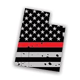 Distressed Utah State Shaped Subdued US Flag Thin Red Line Sticker Decal - Self Adhesive Vinyl - Weatherproof - Made in USA - fire firefighter solidarity safety honor fallen first responder ut 2" Wide