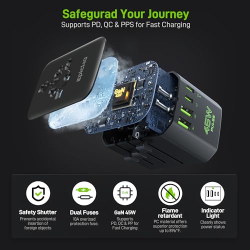 Image of Epicka Pulse Duo 45W Universal Travel Adapter, International Power Adapter with 6-Port (2 AC /2 USB-A /2 USB-C), European Travel Plug Adapter with PD Fast Charging, Travel Essentials (Pure Black)
