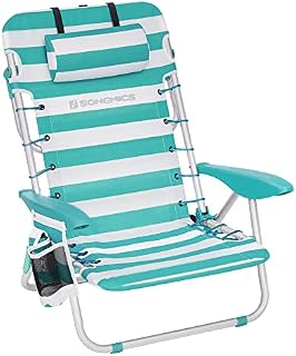SONGMICS Beach Chair, Folding Camping Chair, Portable Outdoor Chair, Carry as a Backpack, with Adjustable Backrest, Headrest, Armrest, 2 Side Pockets, Green and White GCB62JW
