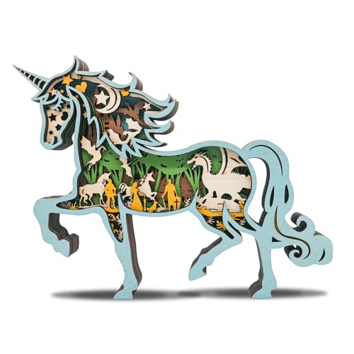 Fnydox MD-DJS 3D Wooden Animals Carving, Unicorn Decor Multi-Layered Wood Carved Animal Statues Wall Hanging Figurines Creative Sculpture Silhouette Ornament Art cover