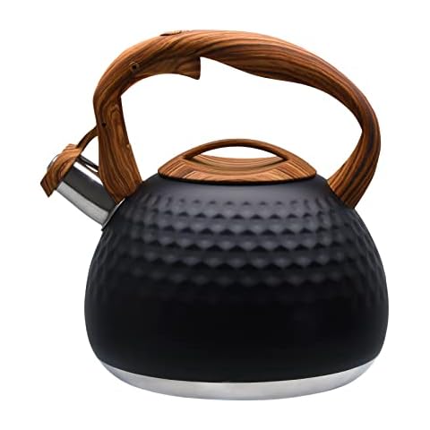GGC Tea Kettle for Stove Top, Loud Whistling Kettle for Boiling Water Coffee or Milk, 3.1 Quart 3L Heavy Stainless Steel Black Kettle with Wood Pattern Handle, Unique Button Control Kettle Outlet Cover