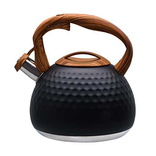 Comparison: Best Kettle For Tea 7 GGC Tea Kettle for Stove Top, Loud Whistling Kettle for Boiling Water Coffee or Milk, 3.1 Quart 3L Heavy Stainless Steel Black Kettle with Wood Pattern Handle, Unique Button Control Kettle Outlet