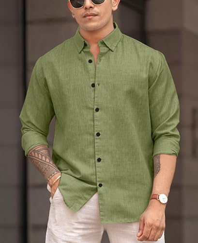 Image of Men's Solid Linen Blend Cotton Shirt | Full Sleeve Plain Shirt for Men | Regular Fit Casual & Formal Wear