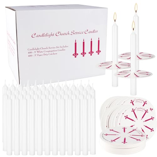 400 Pieces 5-Inch White Unscented Taper Candles with Drip Protectors for Church, Prayer, Shabbat, and Vigil Use