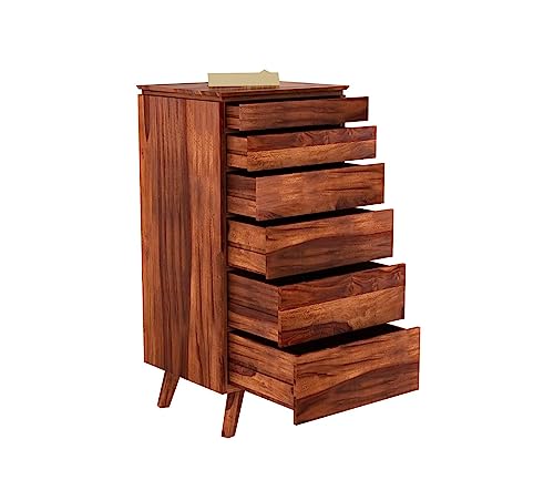 Image of Solid Wood 6 Drawer Chest, Mid-Century Modern Style, Natural Brown Finish, 42x20x18 Inch Tall Dresser with Angled Legs