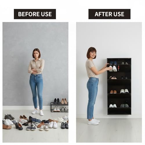 Image of 4 Door Wall Mounted Metal Shoe Rack Cabinet with Lock | Space Saving Shoe Storage Cabinet | Dustproof & Ventilated Shoe Organizer for Home, Entryway, Bedroom & Balcony | Brown | 52 x 21 x 6 Inch