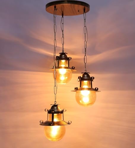 Image of GreyWings Antique Brass Triple Hanging Light for Ceiling, 3 Pendant Lamps for Home Decor, Metal & Glass Chandelier, Indoor Vintage Light, (Bulb Not Included) 3LP Set