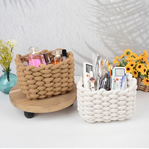 Aufbewahrungskorb aus Baumwolle, Weißes Geflochtenes Körbchen mit DickgarnGeflecht, Badezimmer-Organizer für Schreibtisch & Schminktisch Wickeltisch, Kosmetik, Desktop – Kleine Aufbewahrungsbox