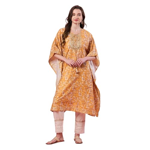 Image of Globus Yellow Round Neck Allover Printed Kaftan Kurta
