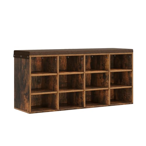 WOLTU Panca Scarpiera da Ingresso, Scaffale Porta Scarpe a 12 Scomparti con Seduta Imbottita, Mobile da Ingresso Salvaspazio in Legno, Marrone Rustico+Marrone, 102x30x48,5 cm