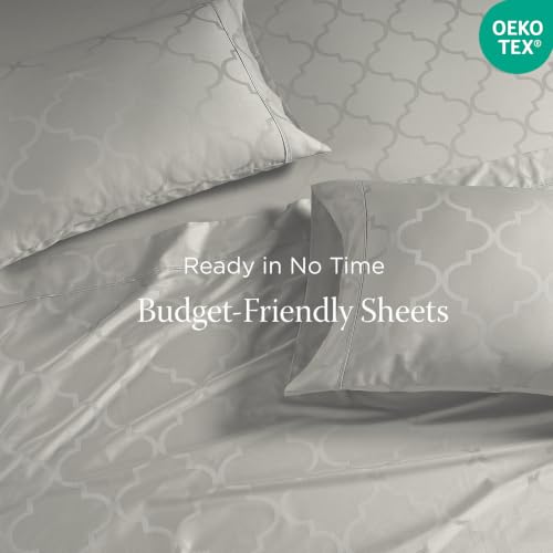 Image of Threadmill 300TC Cotton Queen Sheet Set, Sateen, Jacquard, Light Grey | 100% Cotton, Sateen Weave, Jacquard Pattern, 4-Piece Set, 16 inch Deep Pocket, Cooling, OEKO-TEX Certified, Machine Washable