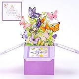 Surpresa Pop Up Happy Birthday Cards - 3D Butterflies & Forever Flower Bouquet Cartão de Natal para Mulheres Esposa Mãe Filha Irmã Presente de Natal, Cartão Festivo de Férias, Roxo