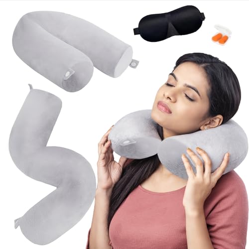 Almohada Cervical Viaje, Almohada Cervical Descanso, Ajustable Cojin Avion Cuello, Multi Puede Doblarse Cojin Viaje con Cremallera para Coche, Tren, Cama, Oficina, Máscara de Ojos (Gris)