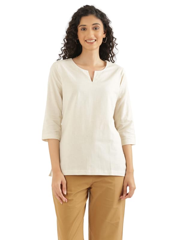 Image of SAADAA Airy Linen Split Neck Short Kurta for Women | Casual & Office Wear | 3 /4 Sleeves, Comfortable Fit | Elegant Top | Lightweight & Breathable Fabric |