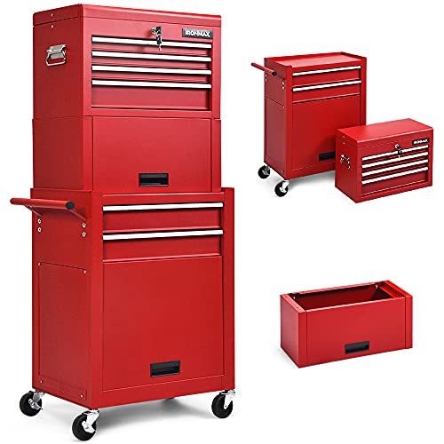 DORTALA 6-Drawer Rolling Tool Cabinet, Tool Storage Chest, Lockable Tool Box, Detachable Tool Organizer Combo w/Sliding Drawers,Tool Cabinet Cart Workshop Trolley on Wheels for Garage,Basement, Red