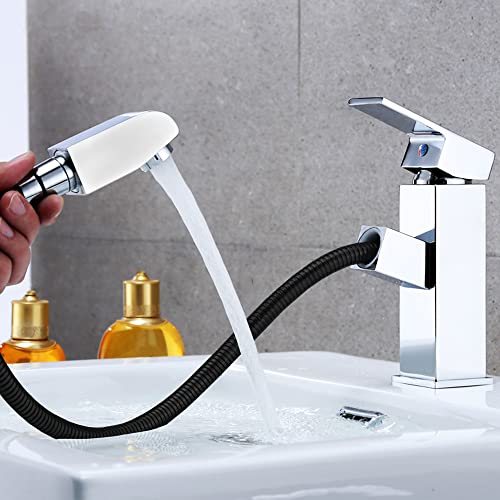Rubinetto bagno lavabo con doccetta estraibile acciaio inossidabile acqua calda e fredda con 2 tubi inclusi