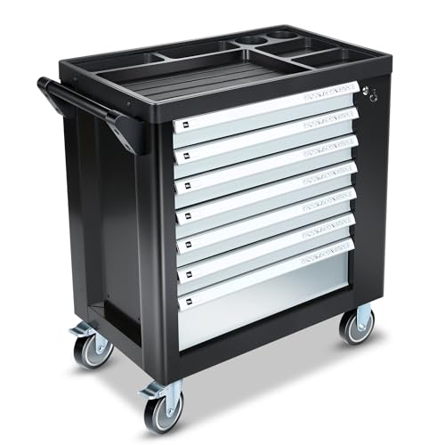 Auto Dynasty Universal Silver 7 Drawer Plastic Top Tray Powder-Coated Steel Roller Cabinet for Garage Warehouse Home Office Workshop Repair Tools