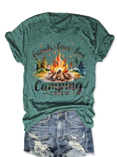 Camping Shirts for Women Camp Tshirt Funny Adventure Hiking T Shirts Campfire Graphic Tees Short Sleeve Ourdoor Tops(Green,L)