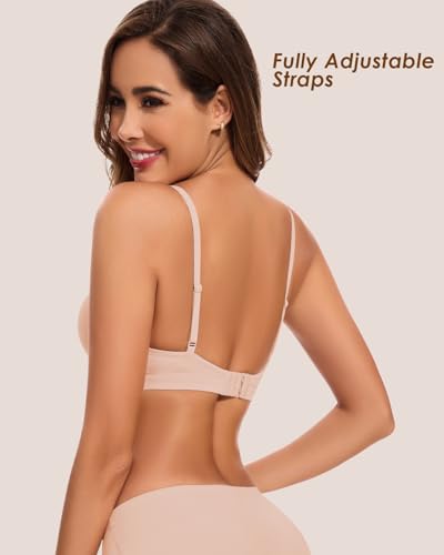 WOWENY Padded Bras for Women Non Wired Bralette Deep-V Plunge Triangle Seamless Ladies Sleep Bra Comfort Soft Beige M - Image 4
