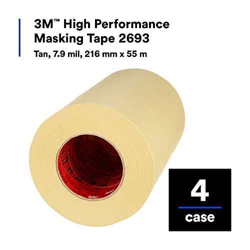 Image of 3M High Performance Masking Tape 2693, Heavy Duty, Clean Removal, Tan Color, 7.9 mil, 216 mm x 55 m, 4 /Case