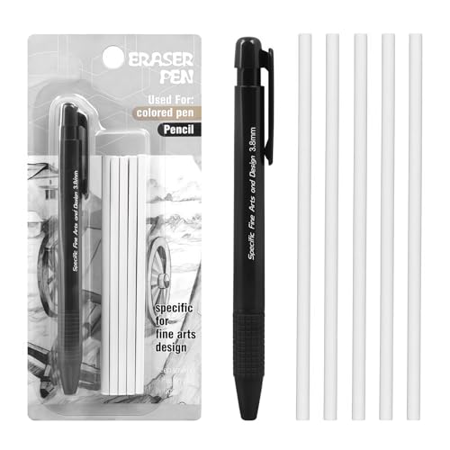 Pen-Style Eraser Set 3.8mm Tip Eraser Pen with 5 Pcs Replacement Erasers Refills Retractable Mechanical Pencil Eraser Artists Drawing Erasing Accessories for School Drafting Work Writing Sketching