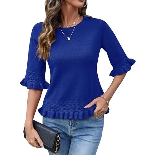 AKEWEI Womens 3/4 Sleeve Pullover Sweater Crewneck Knit Peplum Tops Lightweight Casual Going Out Outfits Royal Blue Small