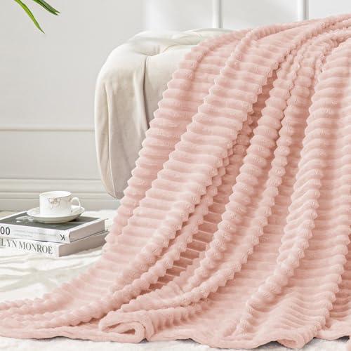 BEDELITE Fleece Throw Blanket for Couch – 3D Ribbed Jacquard Soft and Warm Decorative Fuzzy Blanket – Cozy, Fluffy, Plush Lightweight Light Pink Throw Blankets for Bed, Sofa, 50x60 inches